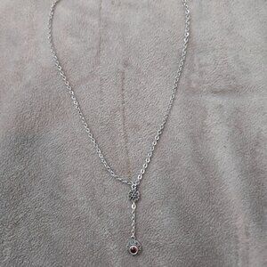 Vintage Sterling Silver Floral Drop Necklace with Garnet Accent Stone – 15.5”